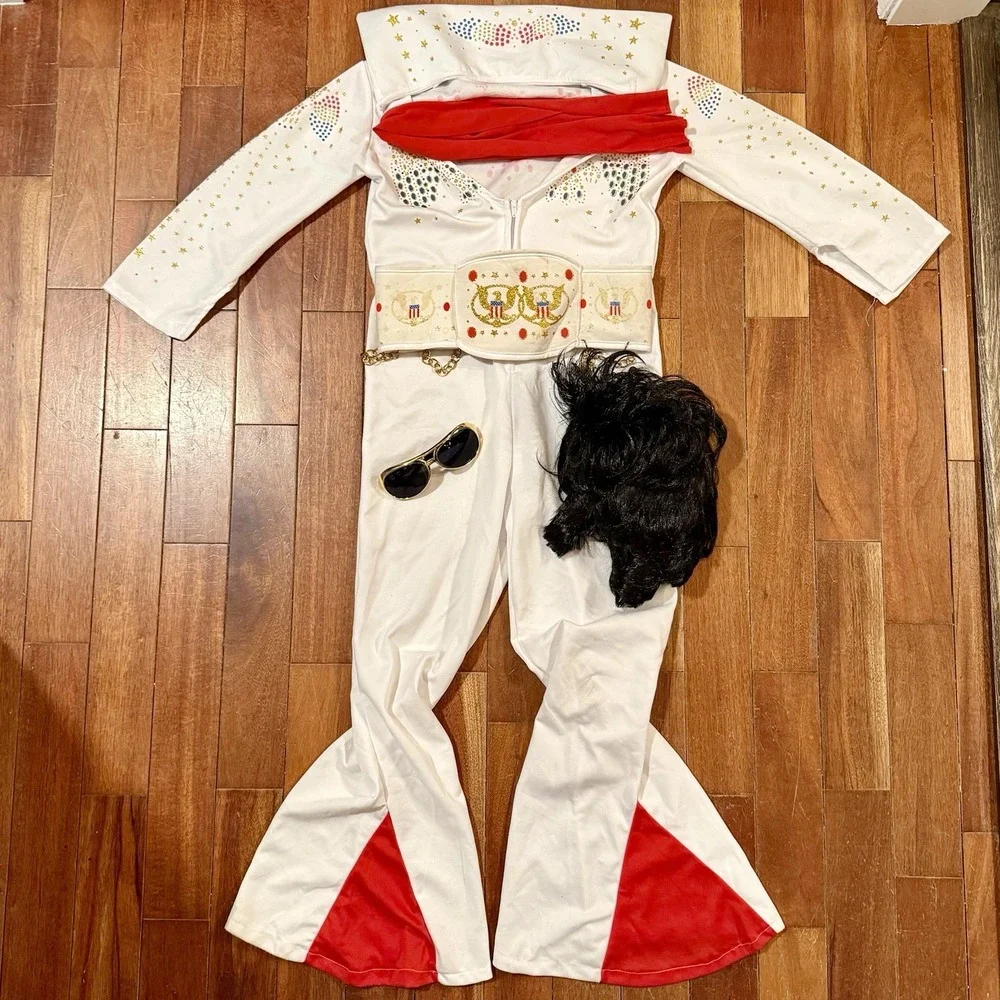 Child Boy Kid 1970s‎ 70s ELVIS Costume Jumpsuit Scarf Belt Glasses Wig Sz L 12